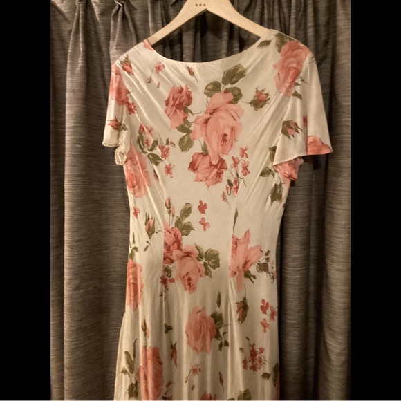 XL 14 Vintage Bias Cut Roses Rayon Crepe Gown Maxi Dress Romantic Feminine - Picture 4 of 6